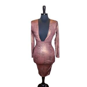 Uptown USA Bodycon Dress Metallic Copper Animal Print Deep V Neckline